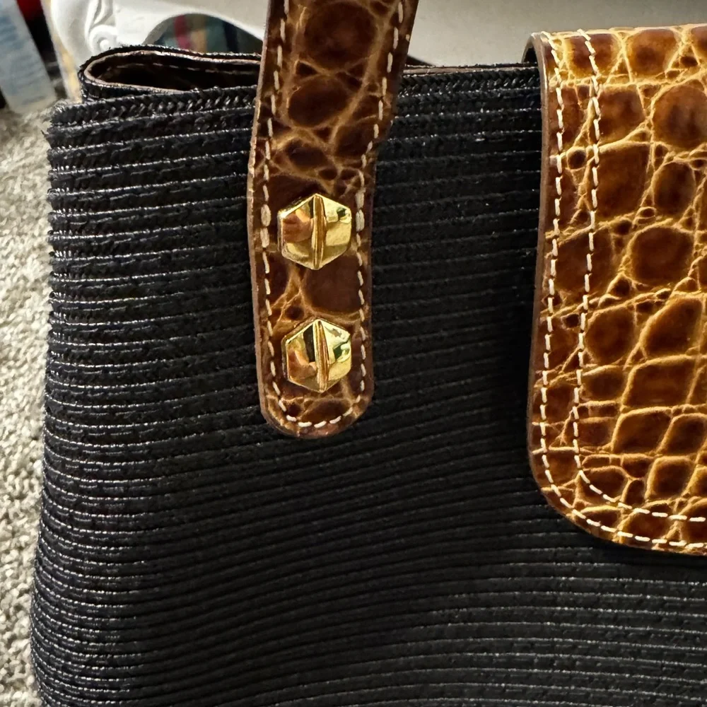 Eric Javits Black Island Tote Bag with Brown Croc-Trim and Gold Hardware - Picture 6 of 12